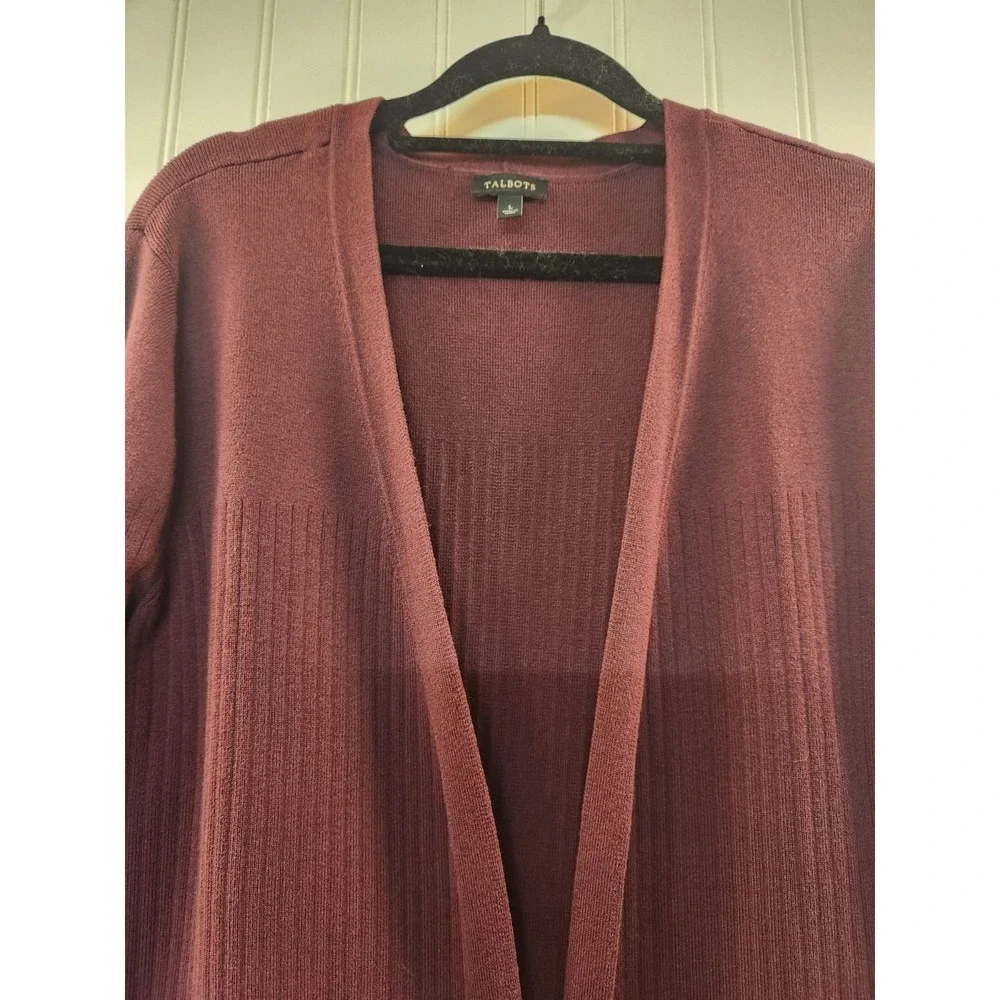 Talbots Women's Burgundy Open Knit‎ Long Cardigan Sweater Size L Preppy Career